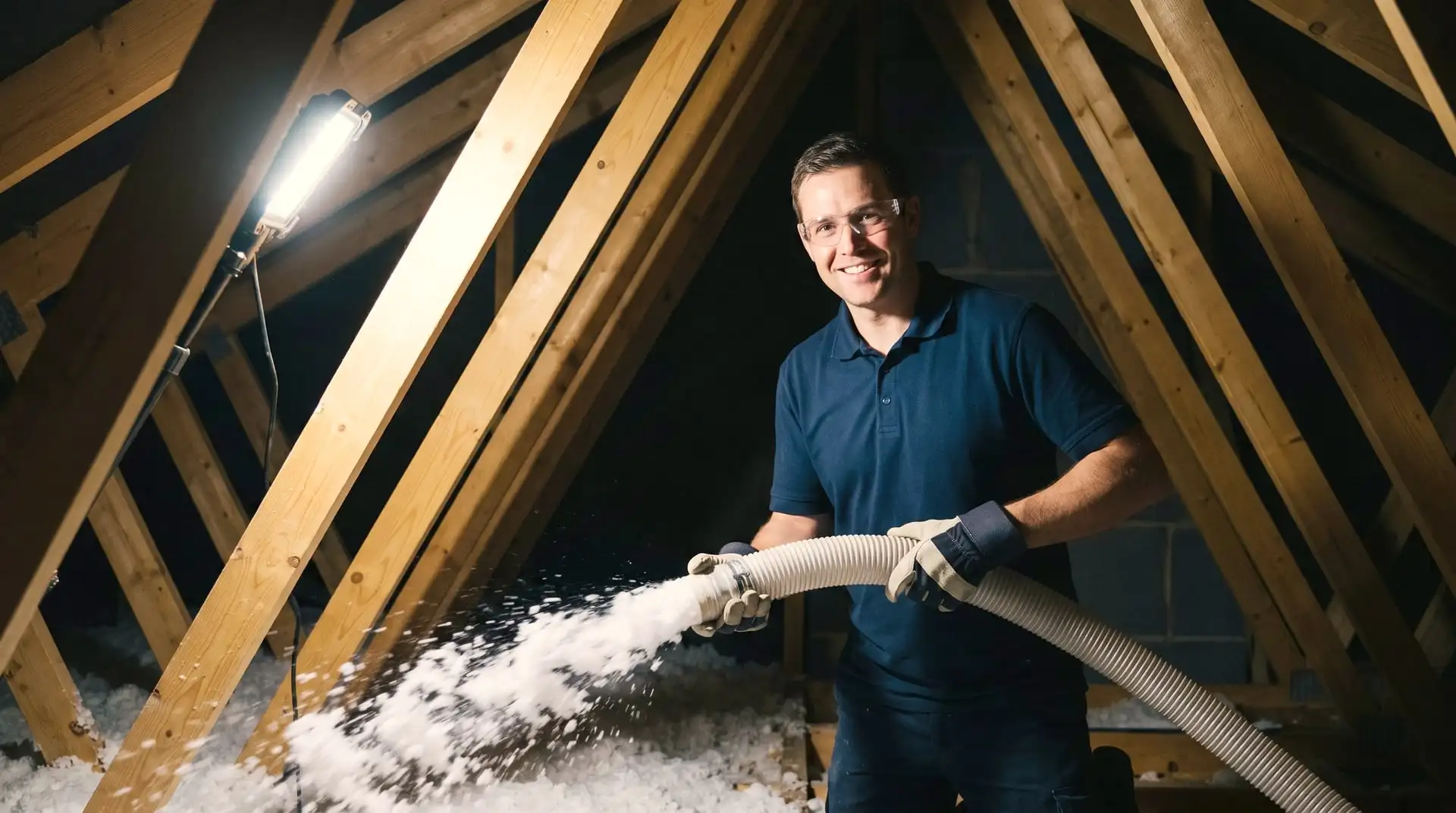 Illustrative image: a technician in a mask and gloves adds blown-in insulation across an attic floor in warm light