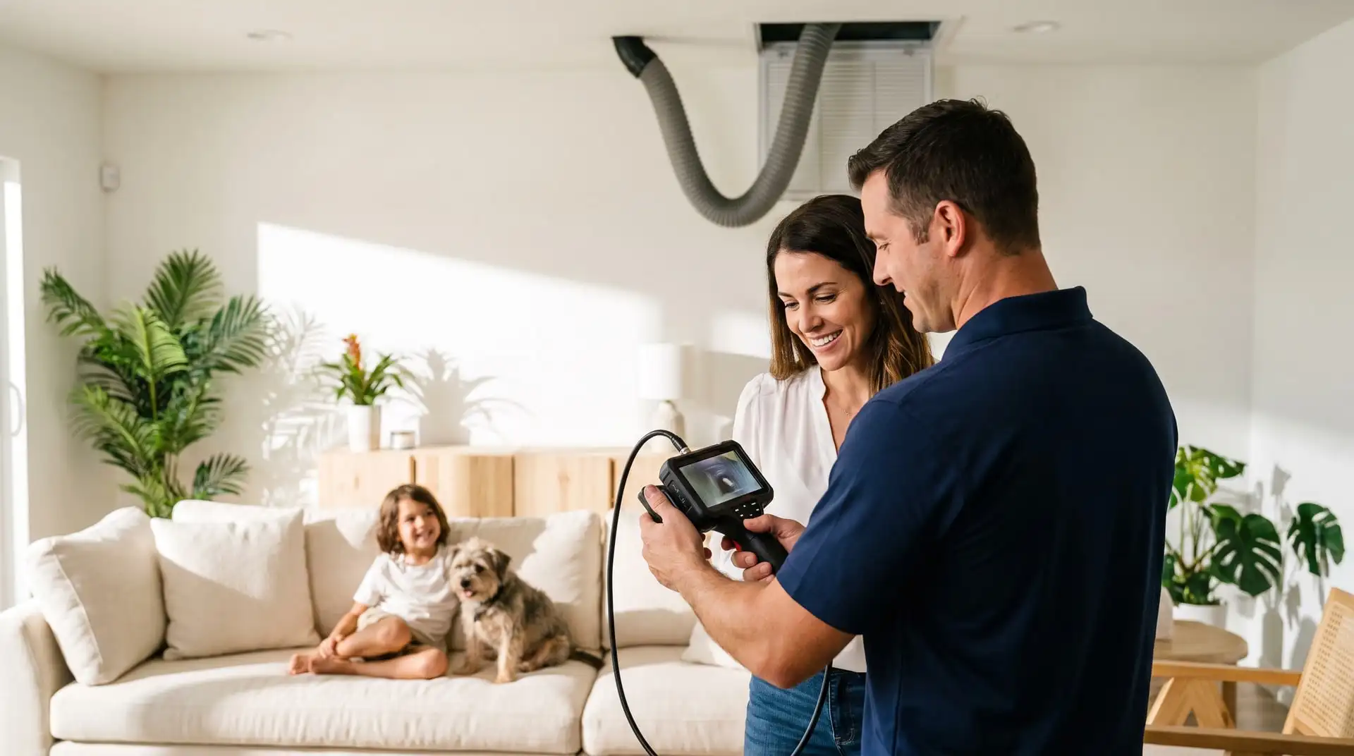 Illustrative image: a technician shows a mother the inspection camera screen in her family living room