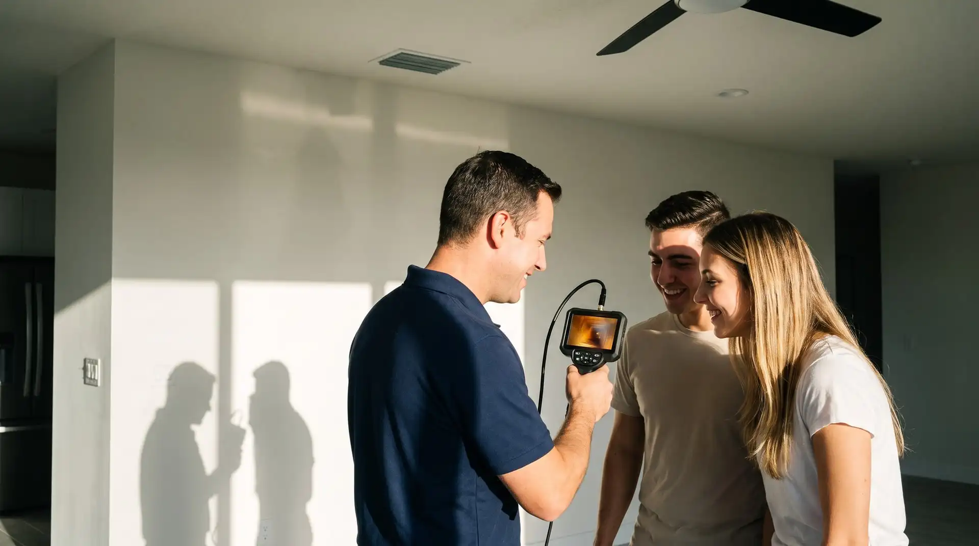 Illustrative image: a technician shows a young couple the inside of a vent on an inspection camera before they move in