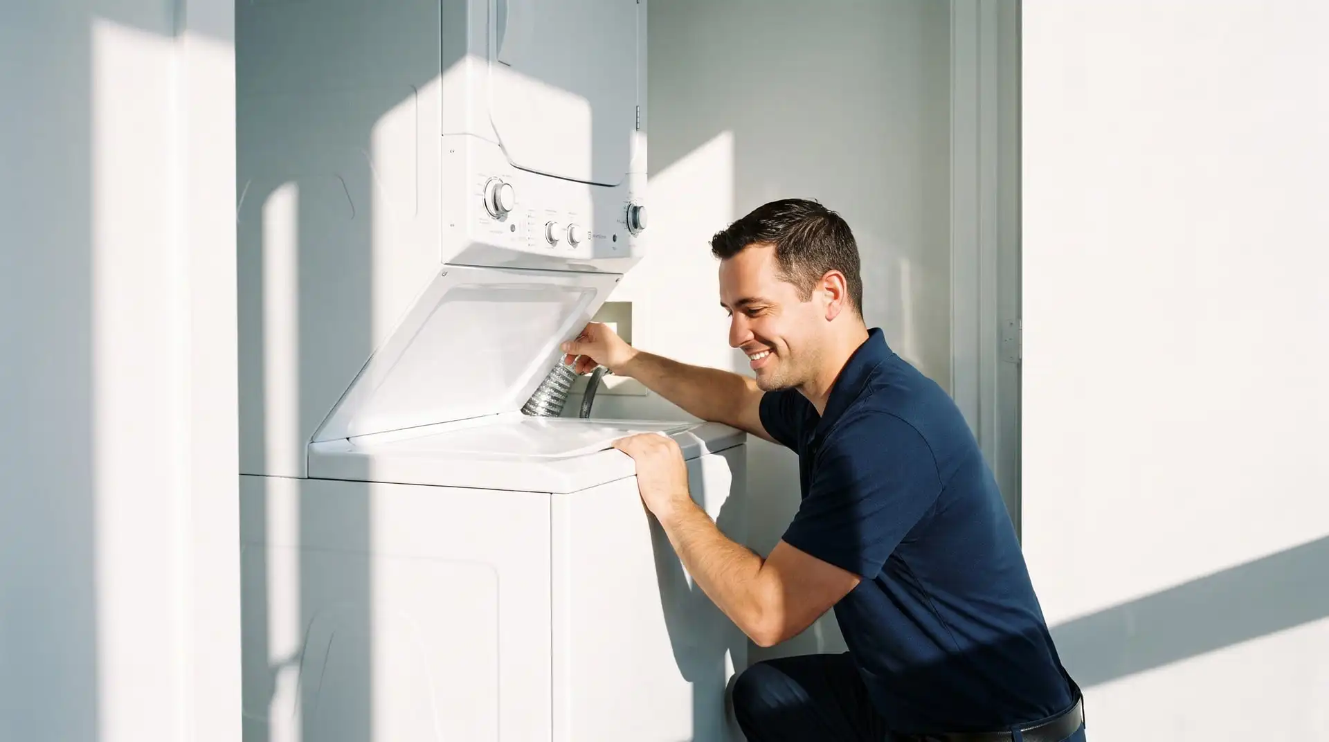 Illustrative image: a technician checks the dryer vent connection behind a stacked washer and dryer in a condo laundry closet