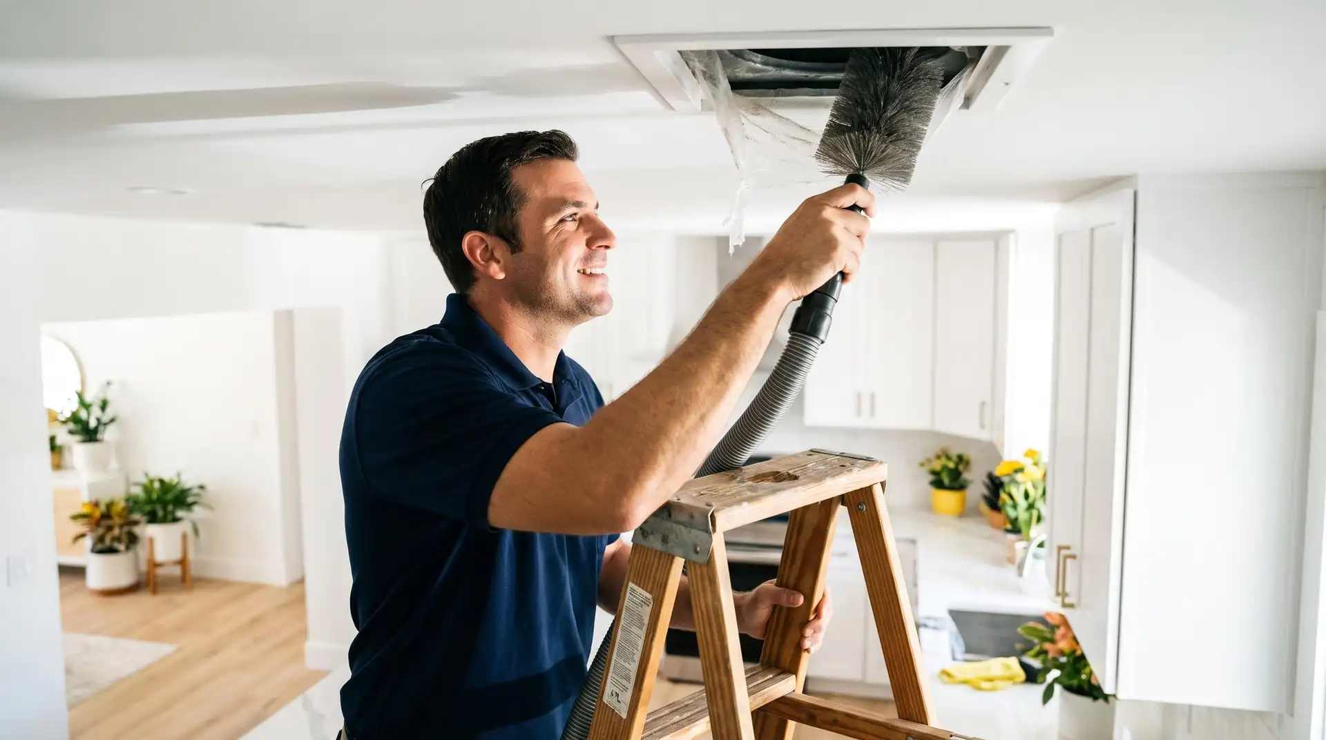 Illustrative image: after a kitchen renovation, a technician removes the plastic from a ceiling vent and cleans out the dust