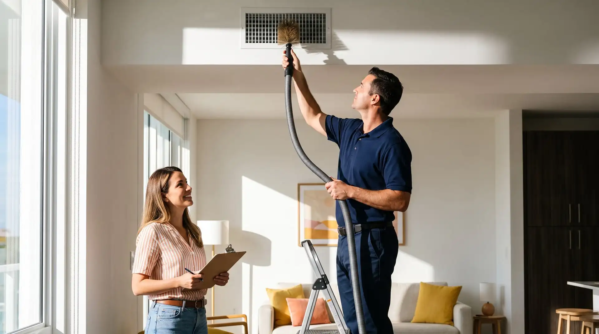 Illustrative image: a technician cleans a ceiling vent in a vacation rental while the host looks on