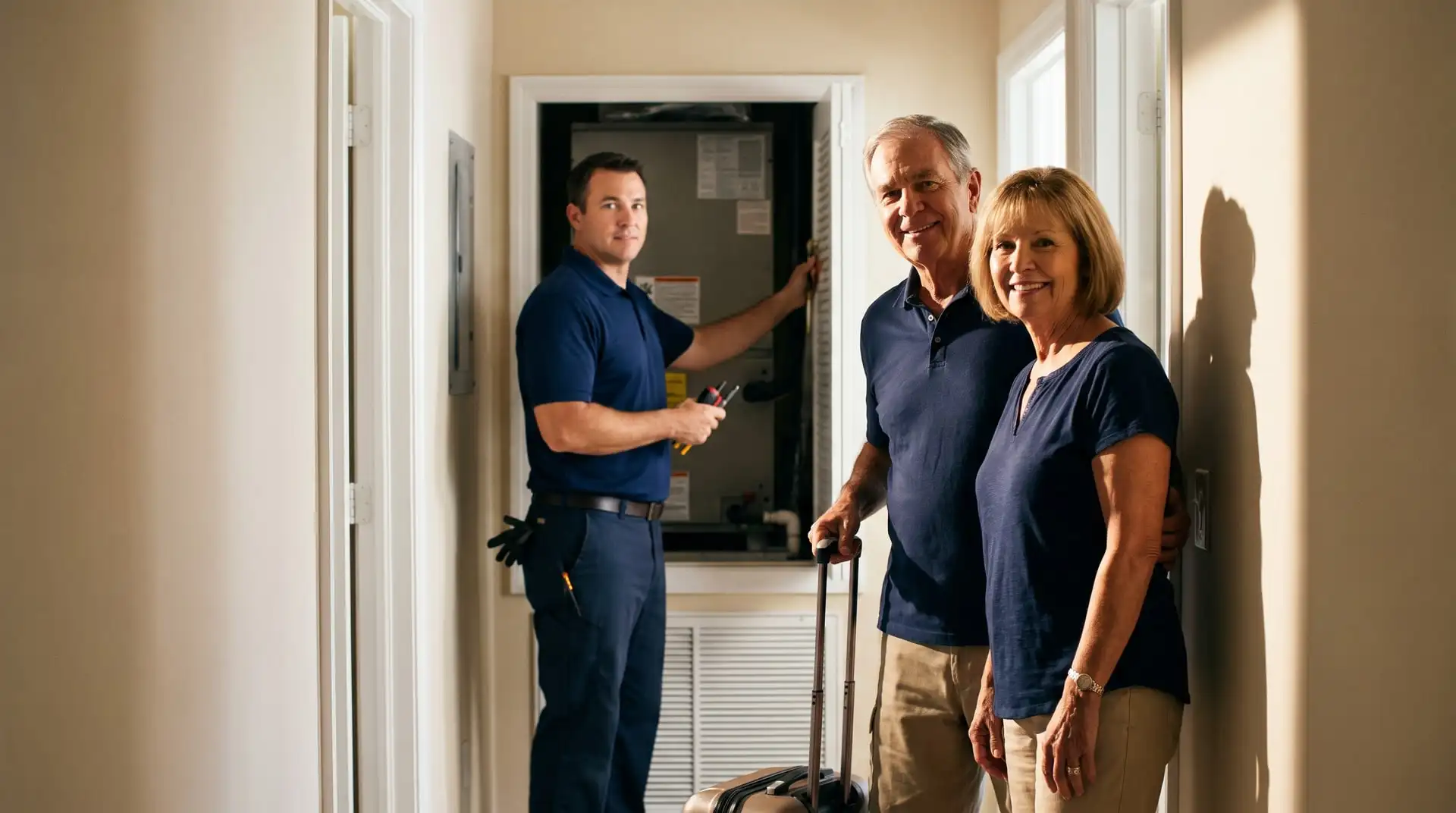 Illustrative image: a technician checks the air handler closet while a couple who just returned home watches