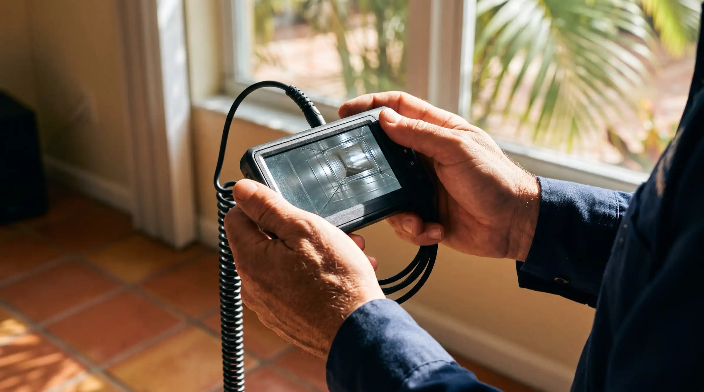 Illustrative image: a technician’s hands holding an inspection camera monitor that shows the inside of a clean metal duct