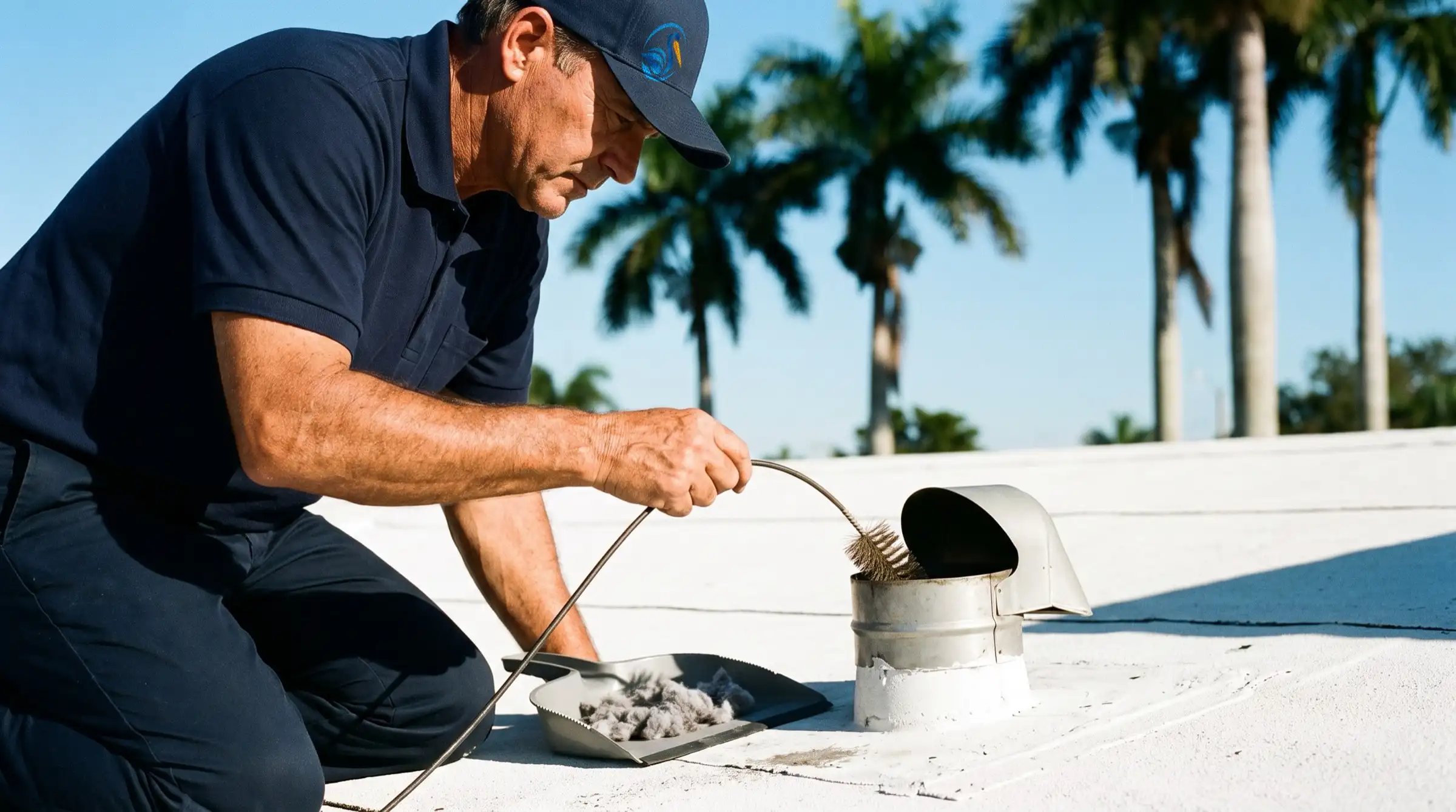 Illustrative image: a technician on a flat roof brushes out a rooftop dryer vent, with lint collected in a dustpan, palm trees and blue sky behind
