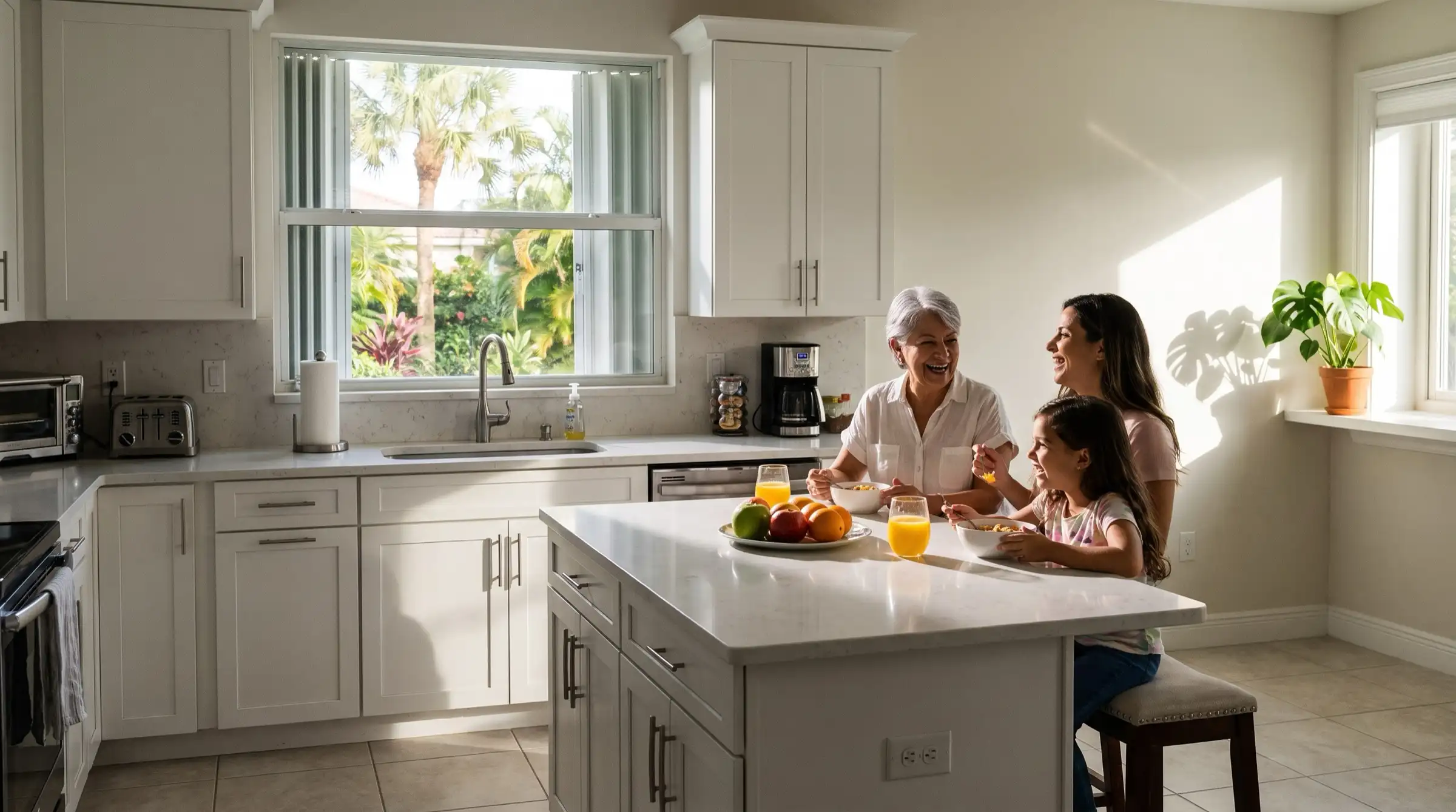 A grandmother, mother and daughter sharing breakfast at a kitchen island in the morning light