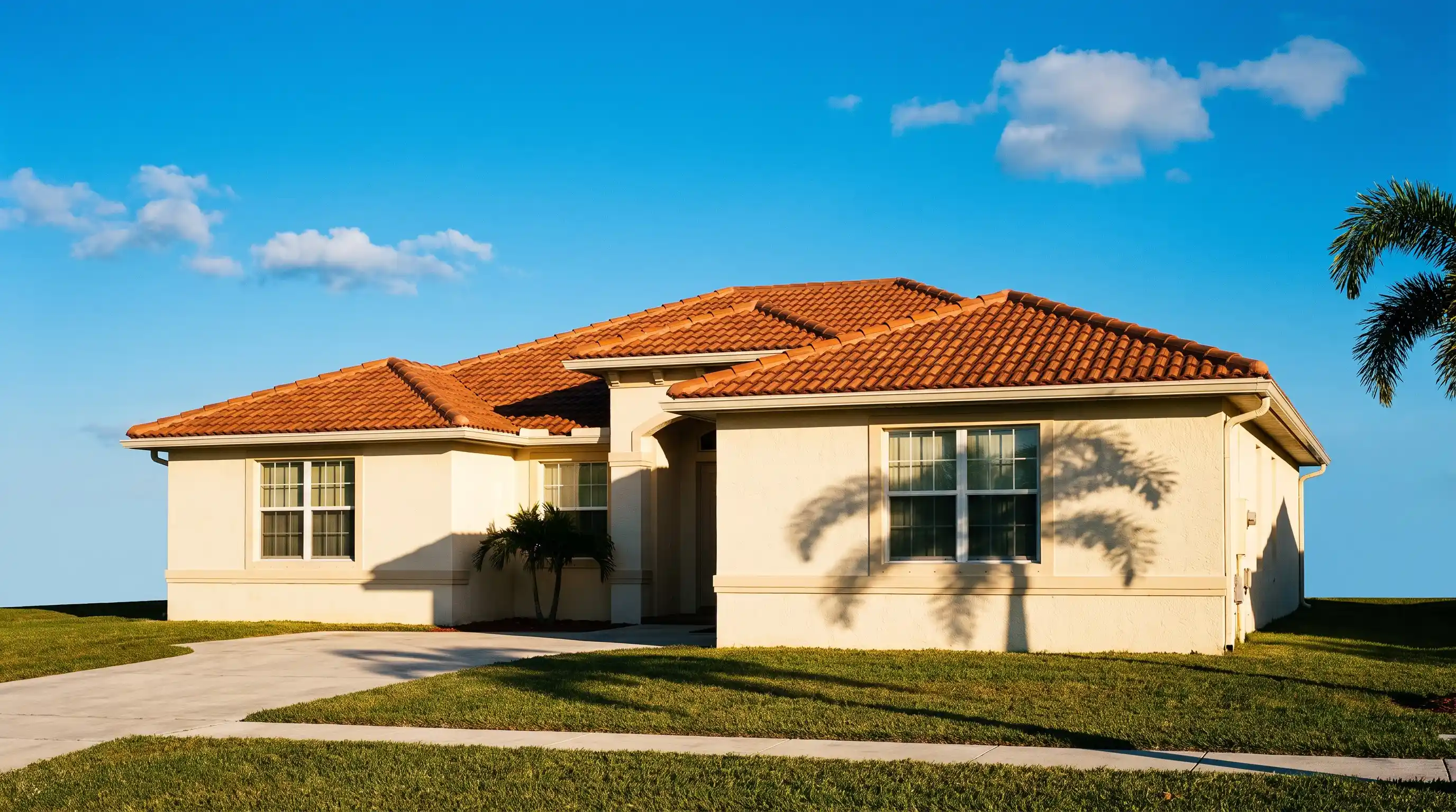 A single-story South Florida home with palm trees under a blue sky