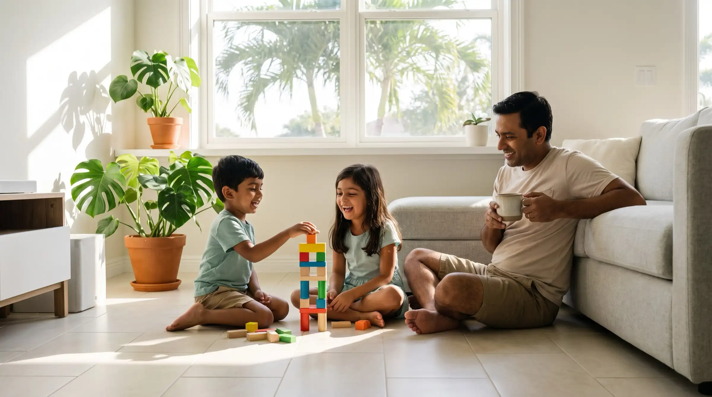 Two young children building with wooden blocks on a tile floor while their father watches