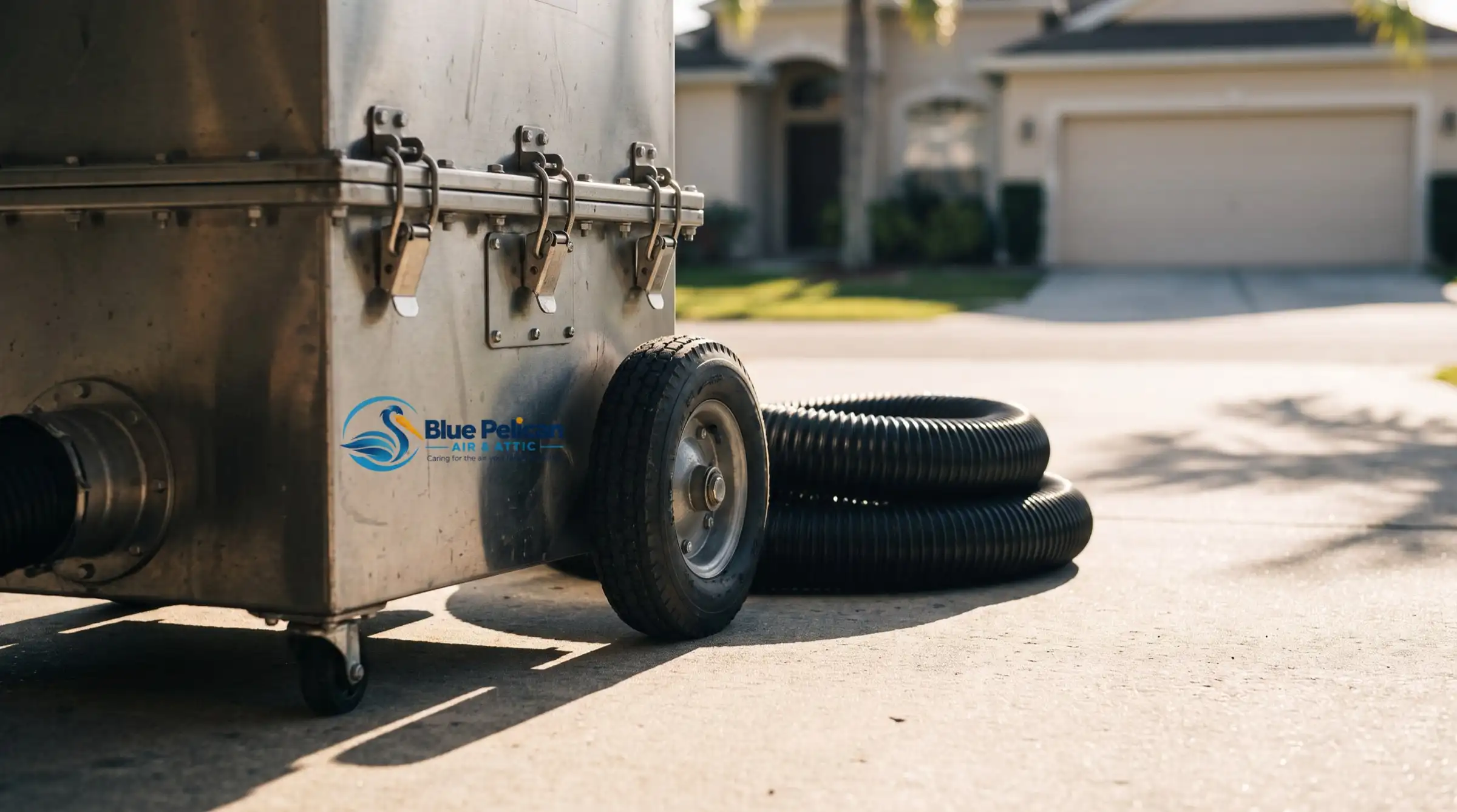 Illustrative image: a portable negative-air duct cleaning machine with a wide hose, parked on a sunny driveway