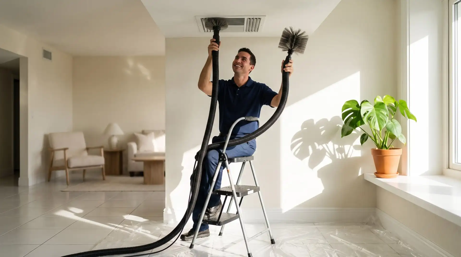 Imagen ilustrativa: un técnico con cepillo rotativo en una rejilla del techo, con una manguera grande conectada a una aspiradora de presión negativa y plástico protegiendo el piso
