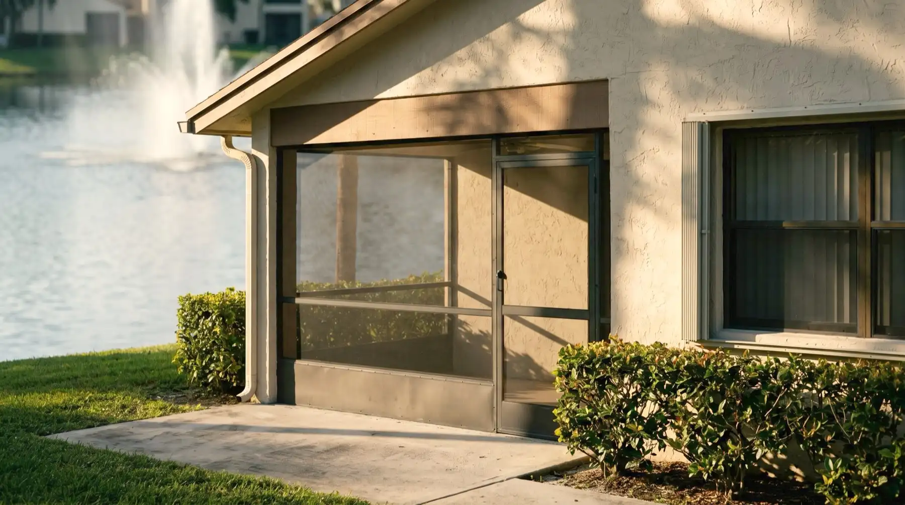Illustrative image: A one-story Tamarac villa by a lake