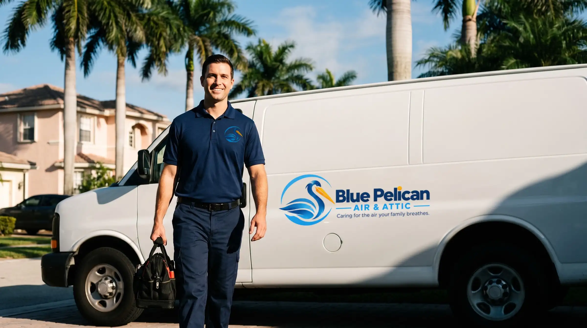 Imagen ilustrativa: un técnico sonriente de Blue Pelican con polo azul marino con el logo lleva su bolsa de herramientas junto a una camioneta de servicio blanca con el logo de Blue Pelican Air & Attic, en una calle del sur de Florida con palmeras