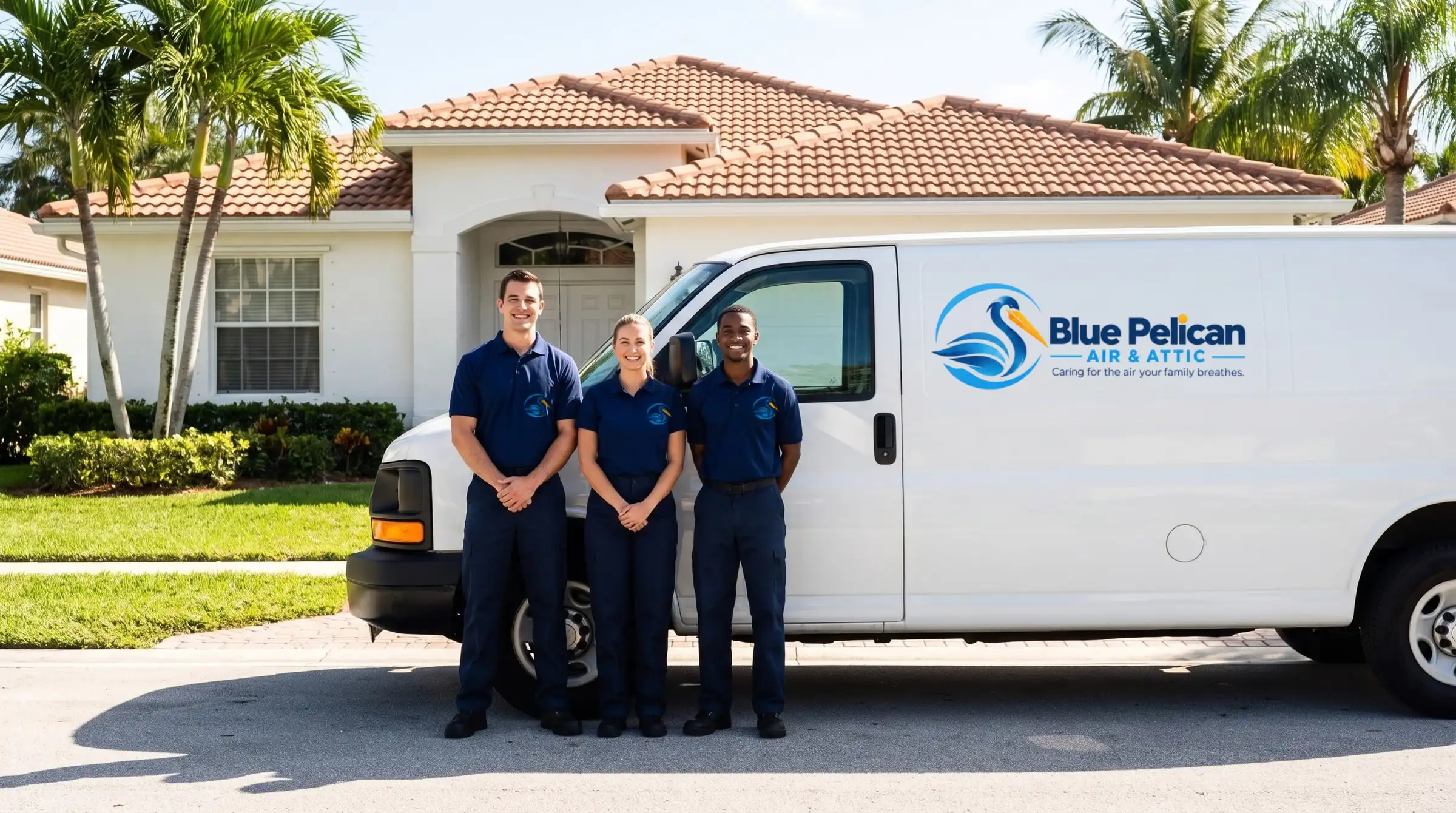 Imagen ilustrativa: tres técnicos sonrientes de Blue Pelican con polos azul marino con el logo, junto a una camioneta de servicio blanca con el logo de Blue Pelican Air & Attic, en una entrada del sur de Florida con palmeras
