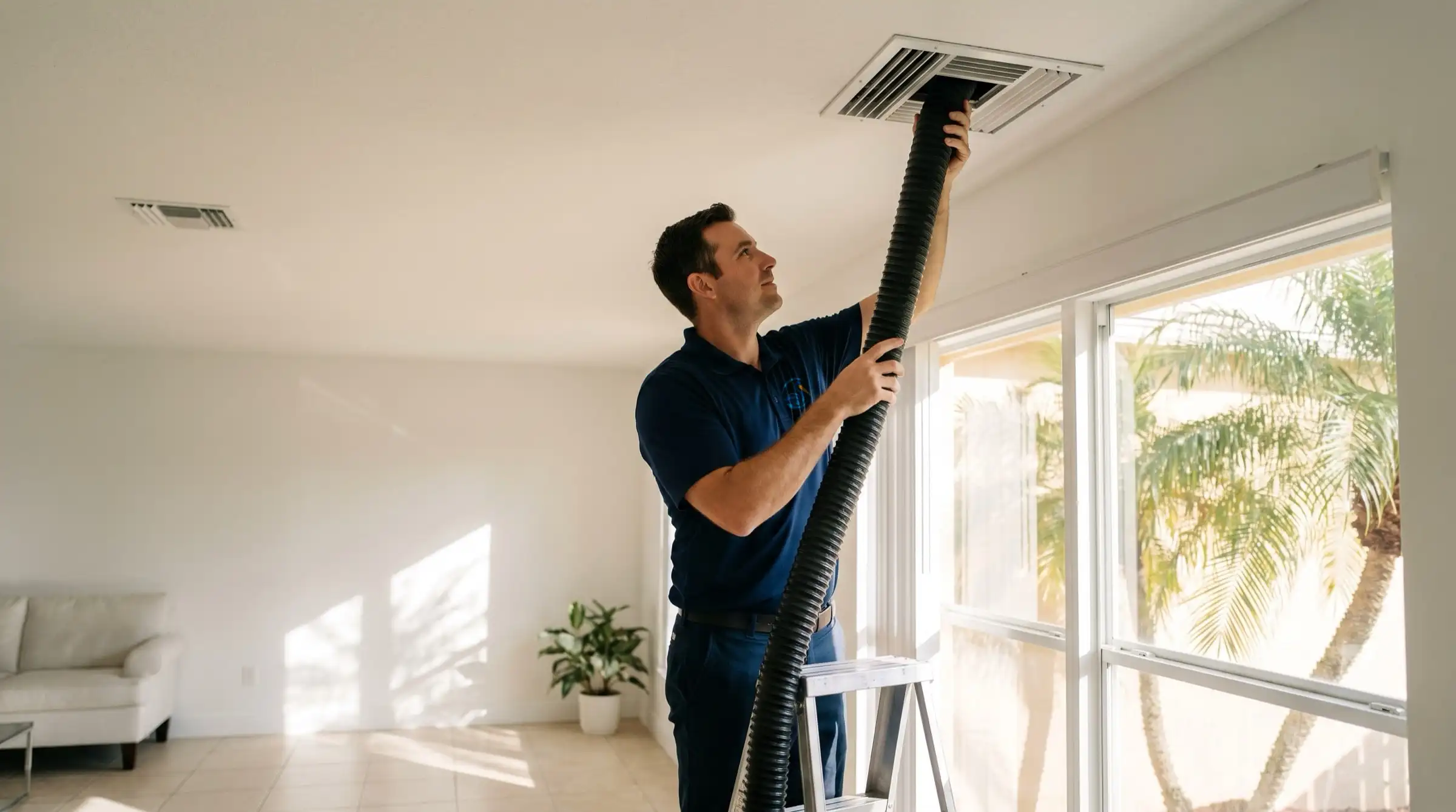 Illustrative image: a technician in a navy polo feeds a flexible duct-cleaning hose into a ceiling air vent in a sunny tiled living room with palm trees outside