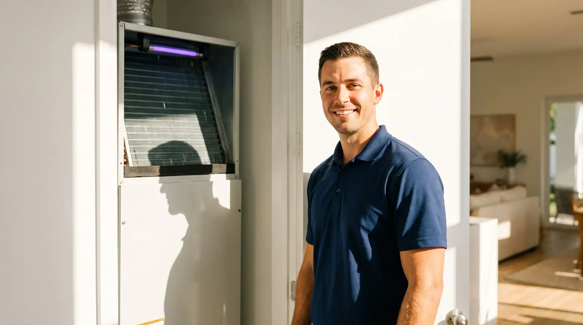 Illustrative image: a technician in a navy polo looks into an open air handler closet where a UV lamp glows above the cooling coil