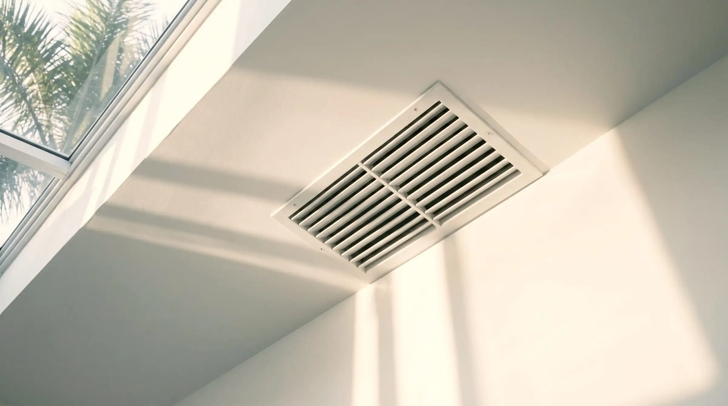 A white ceiling air vent in a bright room with sunlight and palm fronds through the window
